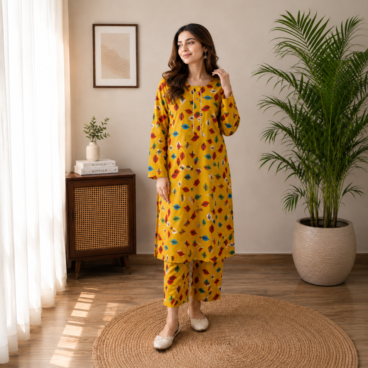 Vibrant Mustard Yellow Multi-Leaf Printed 2-Piece Cotton Suit