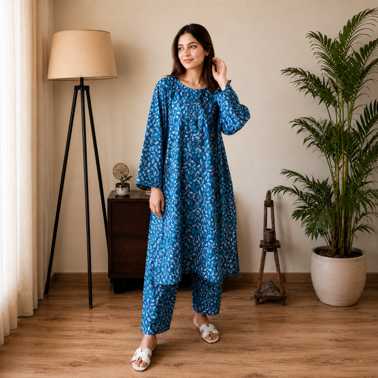 Breezy Ocean Blue Abstract Print 2-Piece Cotton Suit