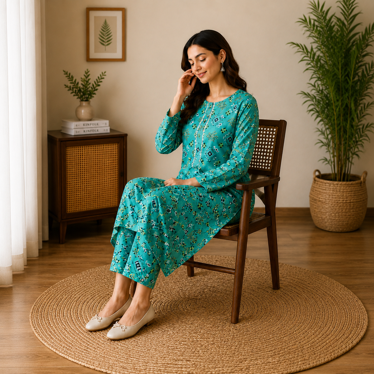 Vibrant Teal Geometric Print 2-Piece Cotton Suit