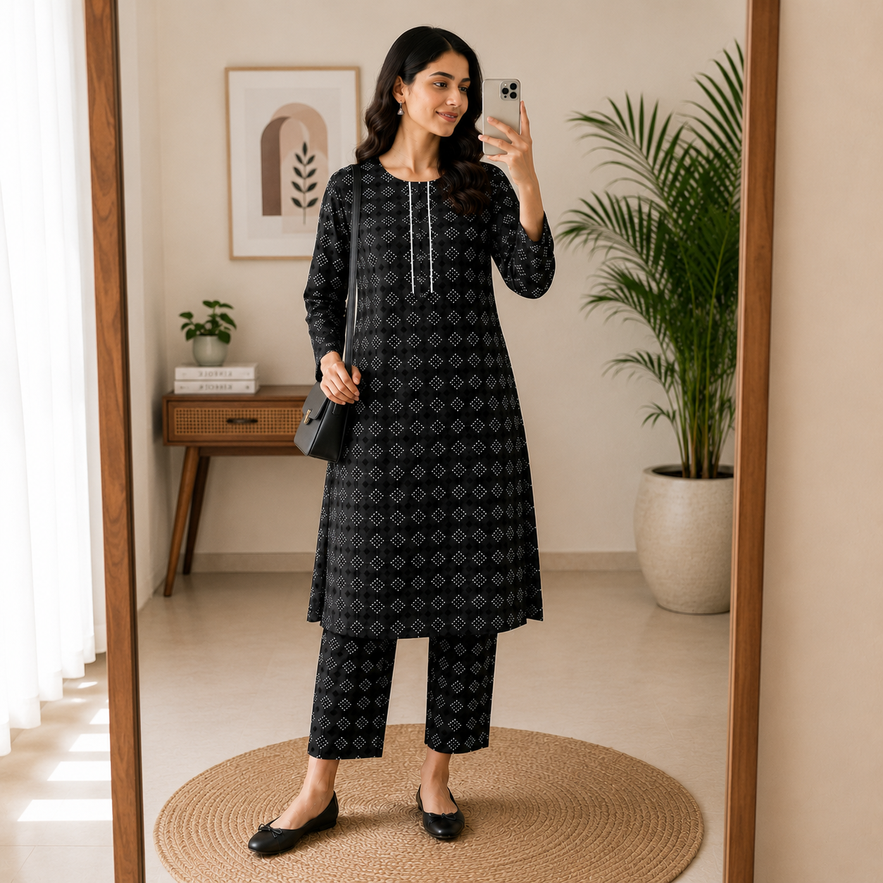 Classic Black Geometric Dotted Print 2-Piece Cotton Suit