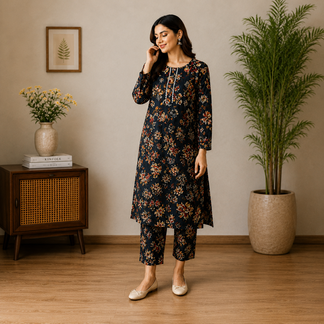 Elegant Midnight Blue Floral Printed 2-Piece Cotton Suit