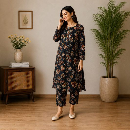 Elegant Midnight Blue Floral Printed 2-Piece Cotton Suit