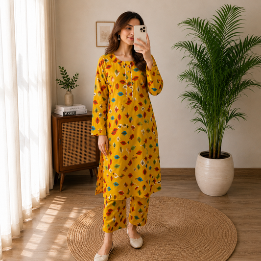 Vibrant Mustard Yellow Multi-Leaf Printed 2-Piece Cotton Suit