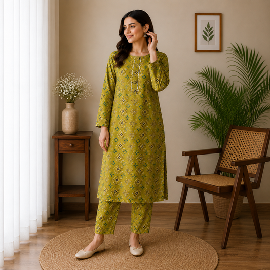 Elegant Olive Green Geometric Print 2-Piece Cotton Suit