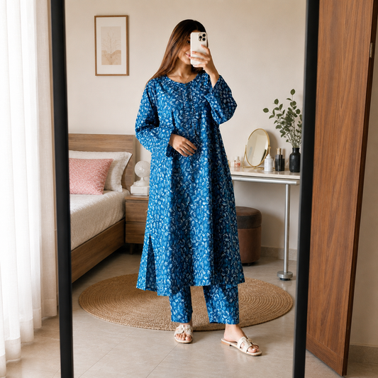 Breezy Ocean Blue Abstract Print 2-Piece Cotton Suit