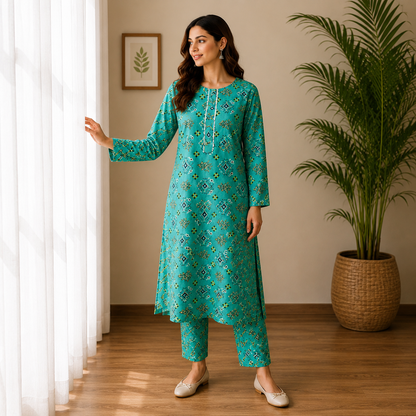 Vibrant Teal Geometric Print 2-Piece Cotton Suit