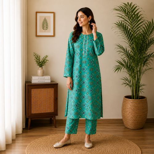 Vibrant Teal Geometric Print 2-Piece Cotton Suit