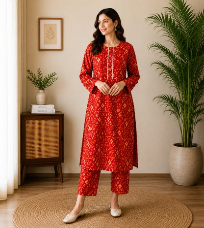 Vibrant Red Traditional Geometric Print 2-Piece Cotton Suit