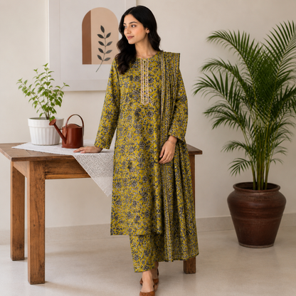 Earthy Olive Green Floral Print 2-Piece Cotton Suit