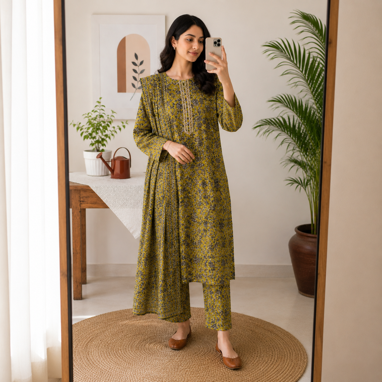 Earthy Olive Green Floral Print 2-Piece Cotton Suit