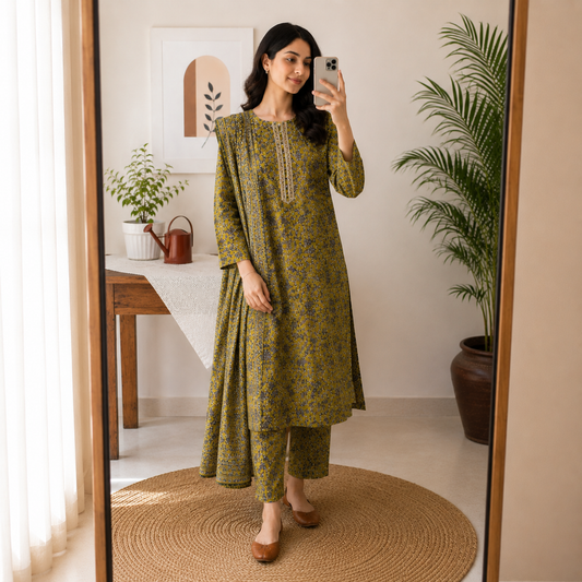 Earthy Olive Green Floral Print 2-Piece Cotton Suit