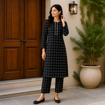 Classic Black Geometric Dotted Print 2-Piece Cotton Suit