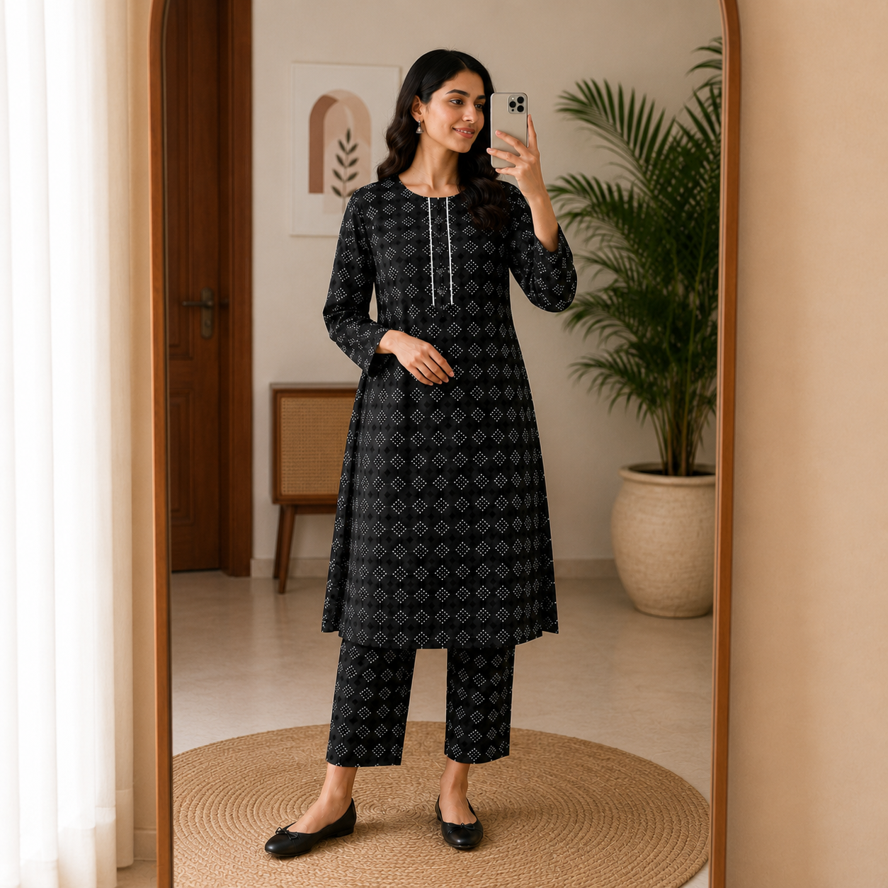 Classic Black Geometric Dotted Print 2-Piece Cotton Suit