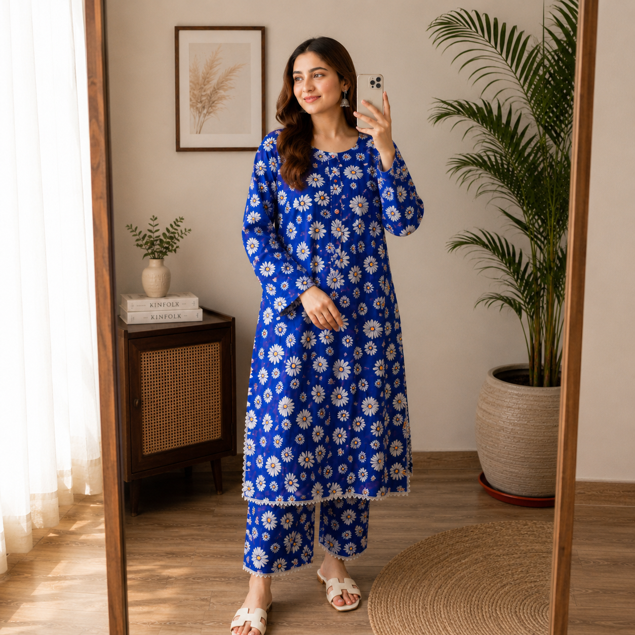 Vibrant Royal Blue Daisy Print 2-Piece Cotton Suit with Lace Detailing