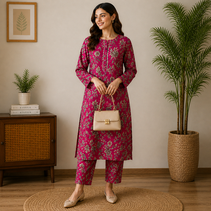 Elegant Magenta Floral Print 2-Piece Cotton Suit