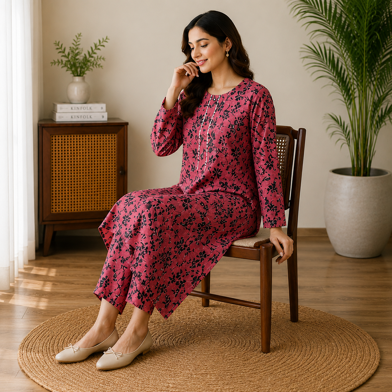Elegant Magenta Floral Print 2-Piece Cotton Suit