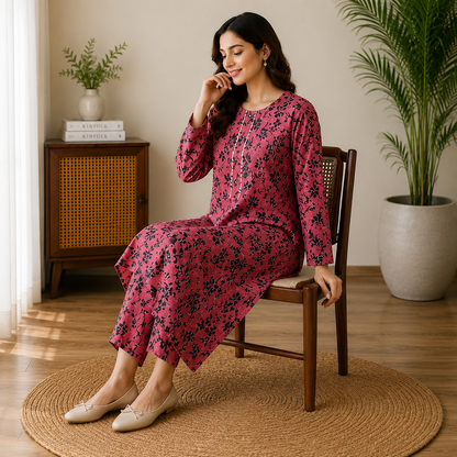 Elegant Magenta Floral Print 2-Piece Cotton Suit