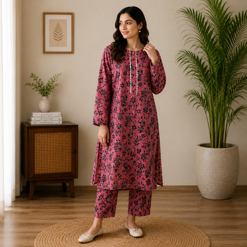 Elegant Magenta Floral Print 2-Piece Cotton Suit