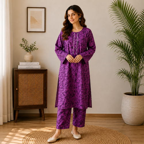 Elegant Purple Abstract Print 2-Piece Co-ord Set for Women Elegant Purple Abstract  - Standard Size