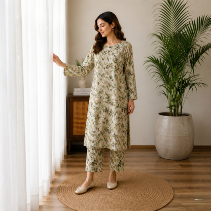 Olive Green Floral Cotton 2-Piece Suit – Elegant Soft Printed Lawn Set | Casual & Everyday Wear Size standard