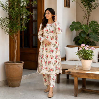 Elegant Floral Cotton 2-Piece Suit  – Soft Summer Lawn Set | Casual & Festive Wear Size Standard