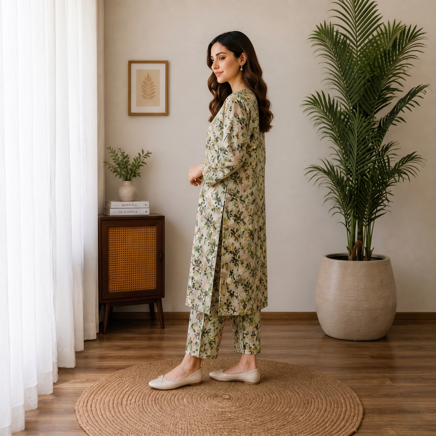 Olive Green Floral Cotton 2-Piece Suit – Elegant Soft Printed Lawn Set | Casual & Everyday Wear Size standard