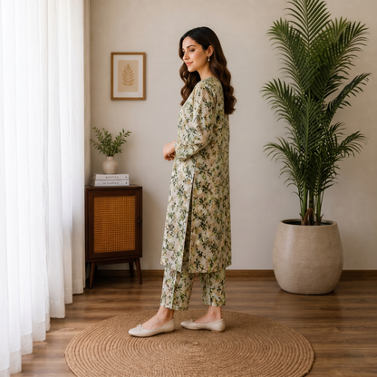 Olive Green Floral Cotton 2-Piece Suit – Elegant Soft Printed Lawn Set | Casual & Everyday Wear Size standard