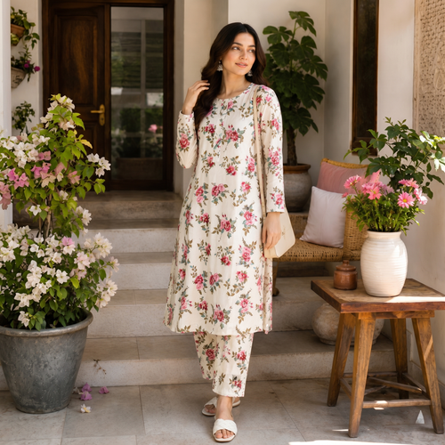 Elegant Floral Cotton 2-Piece Suit  – Soft Summer Lawn Set | Casual & Festive Wear Size Standard