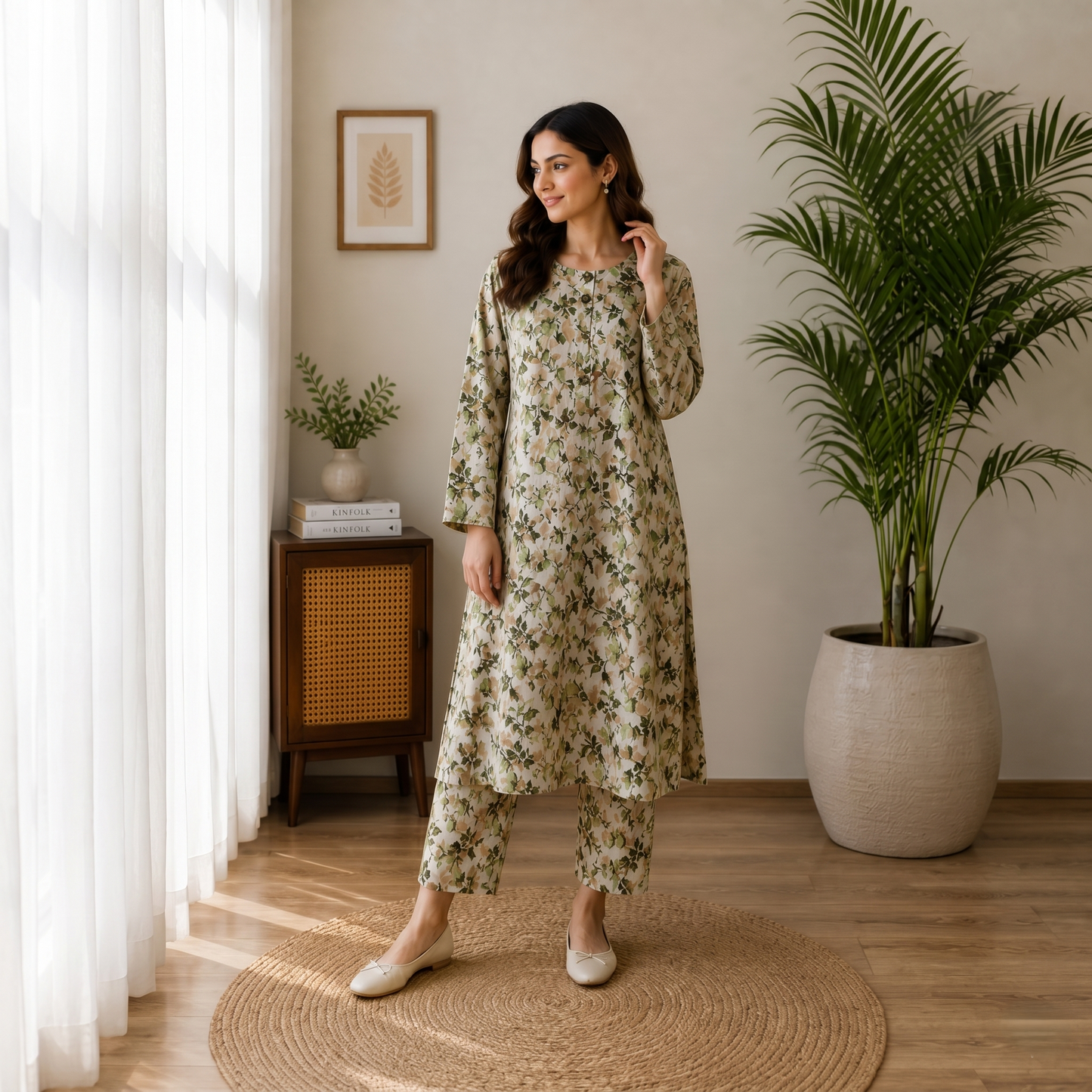 Olive Green Floral Cotton 2-Piece Suit – Elegant Soft Printed Lawn Set | Casual & Everyday Wear Size standard