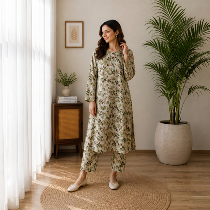 Olive Green Floral Cotton 2-Piece Suit – Elegant Soft Printed Lawn Set | Casual & Everyday Wear Size standard
