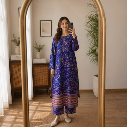 Royal Blue Floral Cotton 2-Piece Suit for Women – Elegant Printed Lawn Set | Casual & Summer Wear