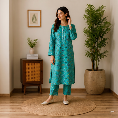 Teal Green Printed Cotton 2-Piece Suit– Elegant Ethnic Lawn Set | Casual & Summer Wear