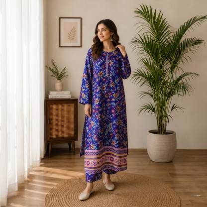 Royal Blue Floral Cotton 2-Piece Suit for Women – Elegant Printed Lawn Set | Casual & Summer Wear