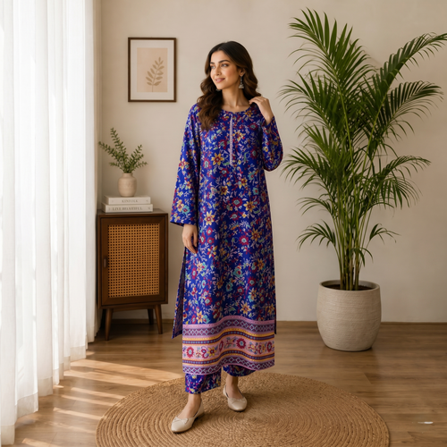 Royal Blue Floral Cotton 2-Piece Suit for Women – Elegant Printed Lawn Set | Casual & Summer Wear