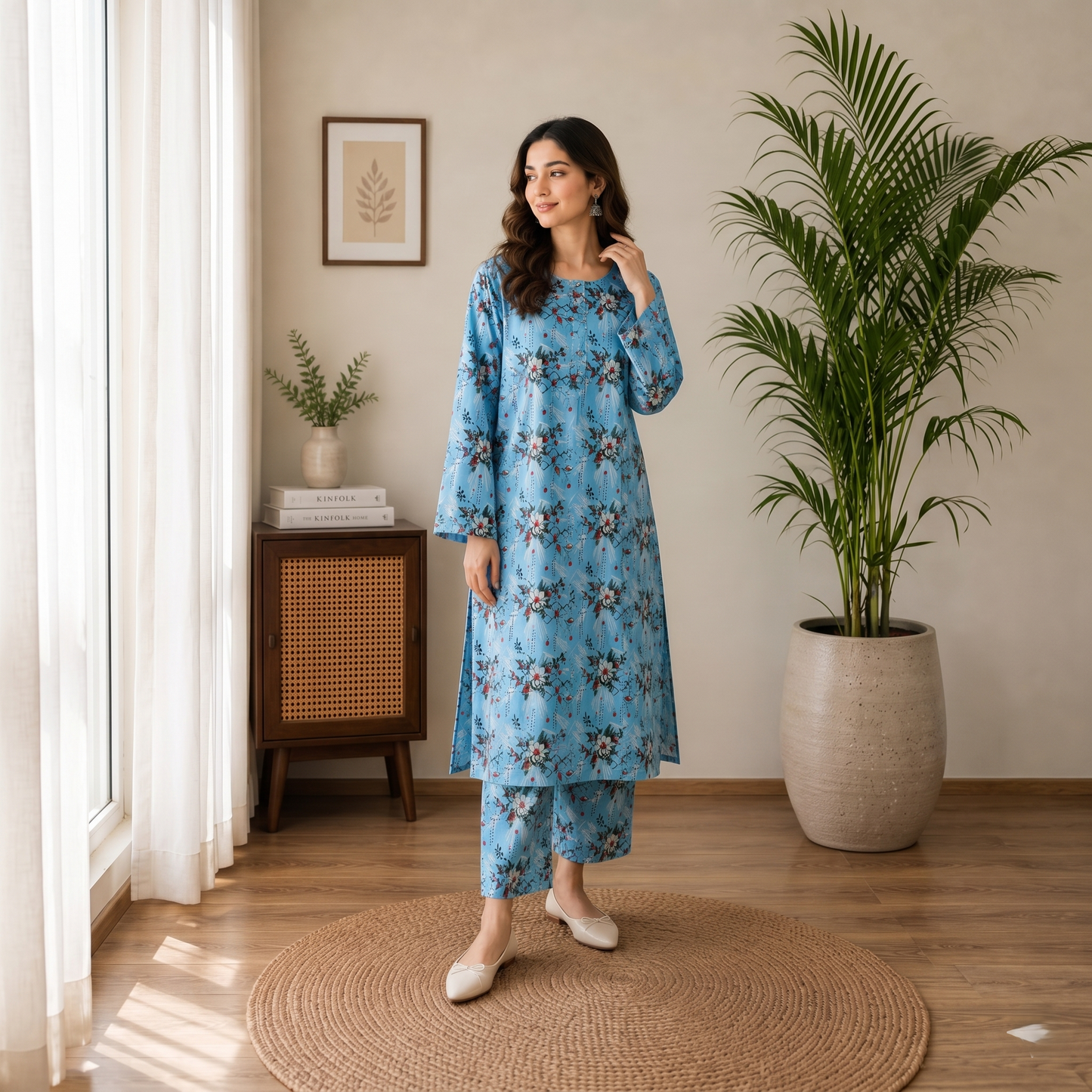 Sky Blue Floral Cotton 2-Piece Suit – Elegant Soft Printed Lawn Set | Summer Daily Wear Size standard