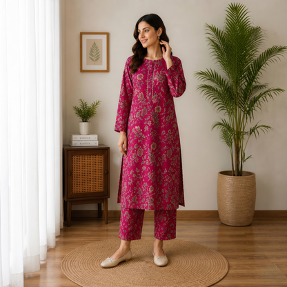 Ruby Red Printed Cotton 2-Piece Suit for Women – Elegant Ethnic Lawn Set | Festive & Casual Wear
