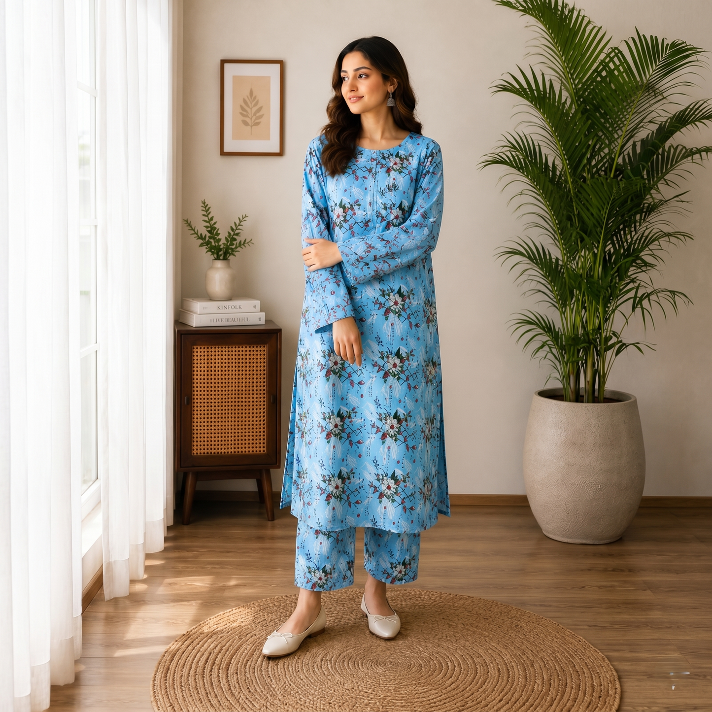 Sky Blue Floral Cotton 2-Piece Suit – Elegant Soft Printed Lawn Set | Summer Daily Wear Size standard