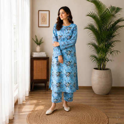 Sky Blue Floral Cotton 2-Piece Suit – Elegant Soft Printed Lawn Set | Summer Daily Wear Size standard
