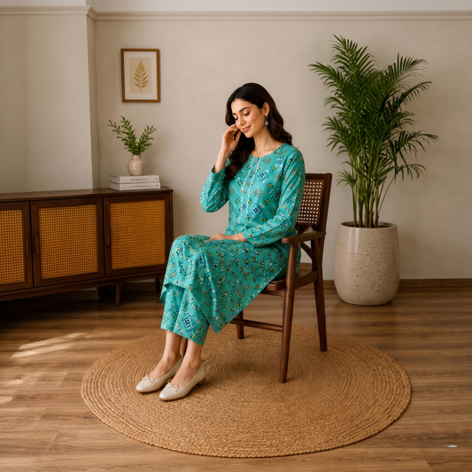 Teal Green Printed Cotton 2-Piece Suit– Elegant Ethnic Lawn Set | Casual & Summer Wear