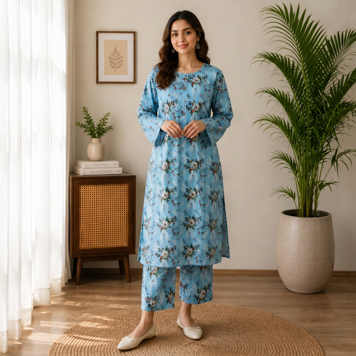 Sky Blue Floral Cotton 2-Piece Suit – Elegant Soft Printed Lawn Set | Summer Daily Wear Size standard